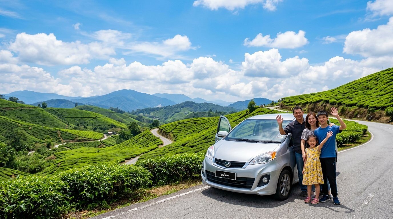 A Malaysian Chinese family waving beside a silver Perodua Alza on a road through the Cameron Highlands tea hills, Pahang