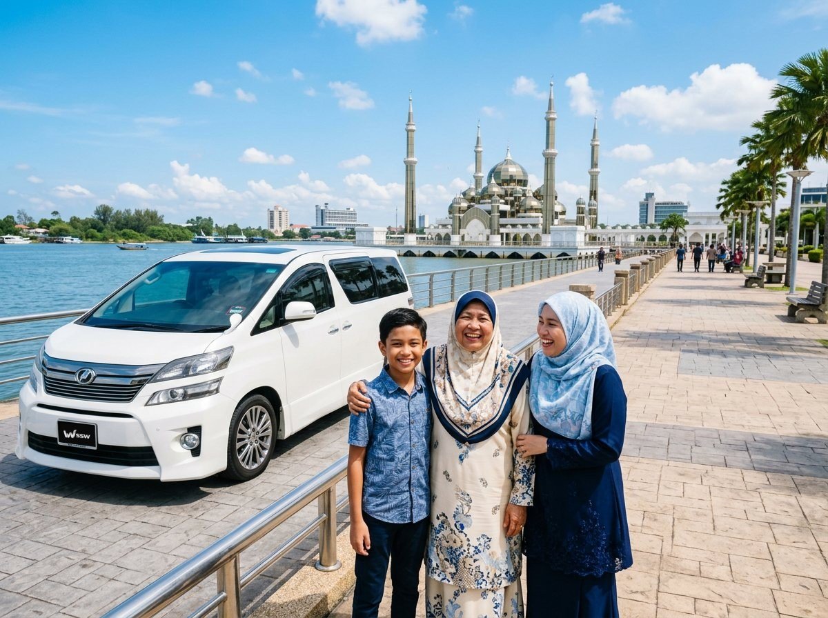 A Malay couple and grandmother beside a white Toyota Vellfire on the promenade in front of the Crystal Mosque, Kuala Terengganu